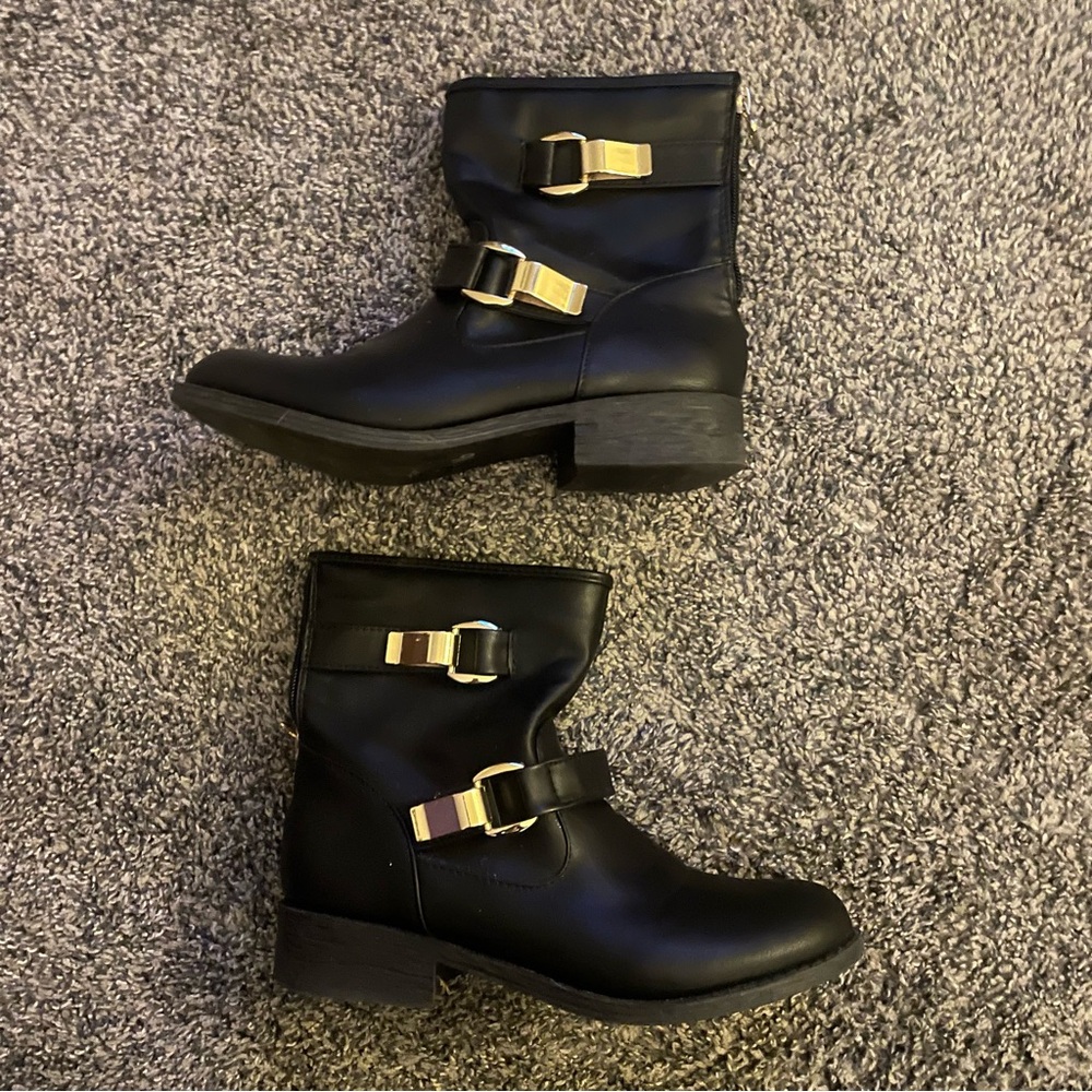 Black Ankle Boots with Gold Buckles